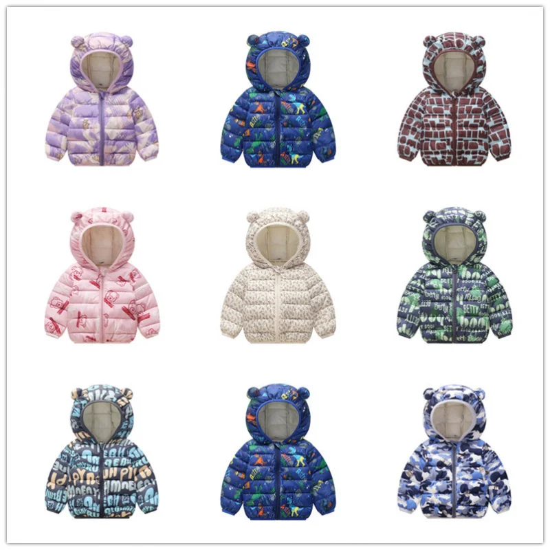 

Зимняя куртка для мальчиков и девочек 1-5 лет, осенне-зимняя, с мультяшным принтом, модная, теплая, с капюшоном, на молнии, детская одежда