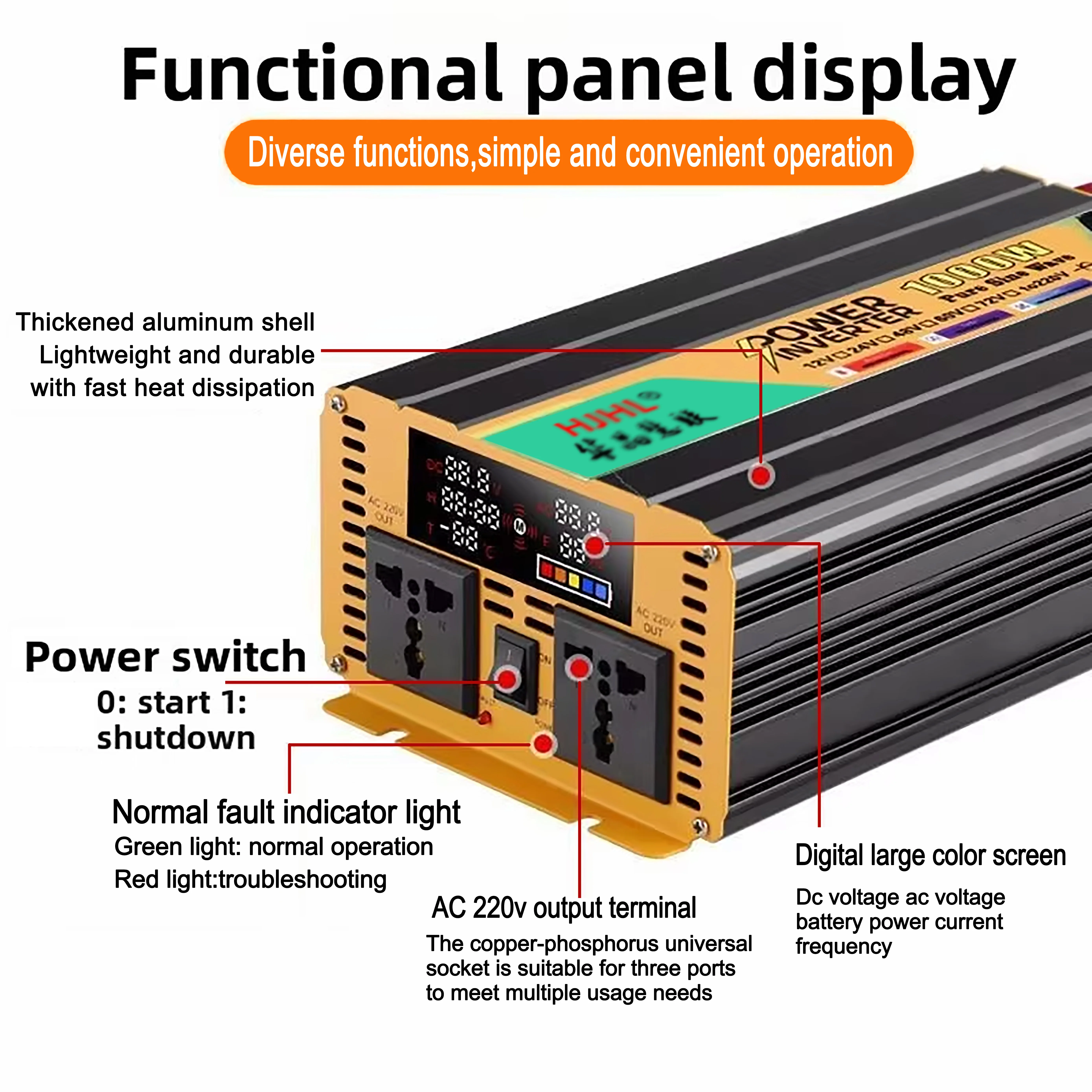 1000W Single Phase Sine Wave Industrial Compressor Solar Portable Car Inverter for Home Use Air Conditioners Induction Cookers