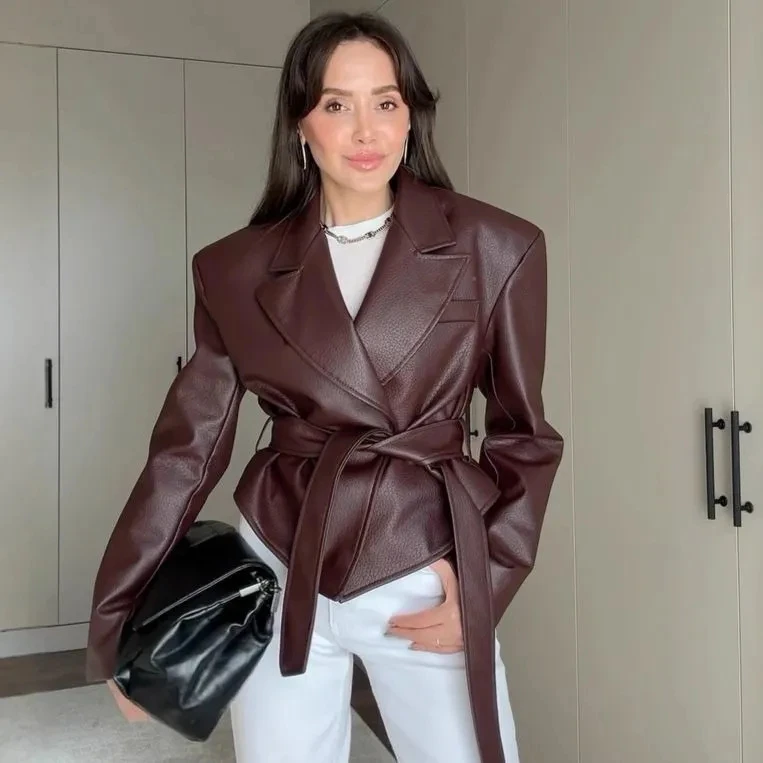 Women with Belt Biker Jacket Women Coat Autumn Winter Women's Clothing Motorcycle Cool Strap Temperament Leather Jacket