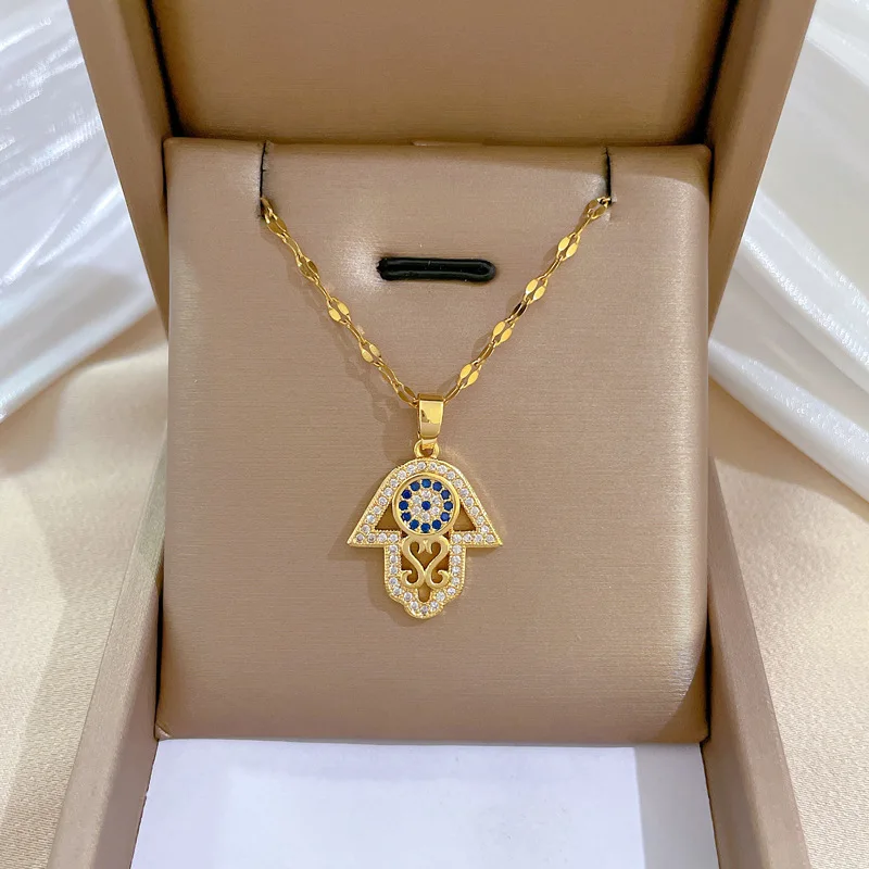 قلادة همسة من الكريستال التركي للنساء ، مجوهرات يد للعين الشريرة ، سلاسل ترقوة مفرغة ، فولاذ مقاوم للصدأ ، 1: 1