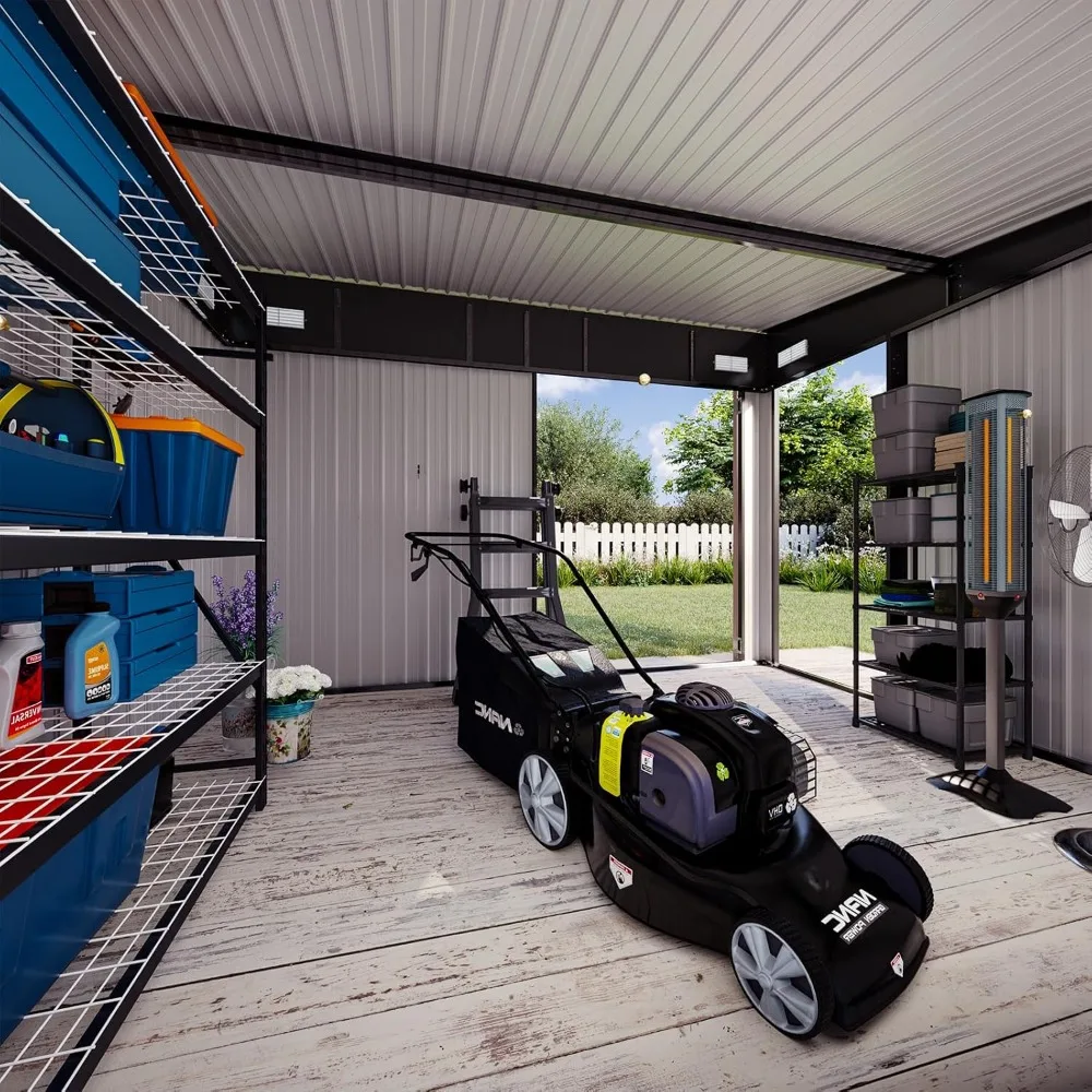 355 Cubic Feet Premium Galvanized Steel Storage Shed with Three Doors, 9.5x7.4 Feet Outdoor Double Lock Single Lean Shed