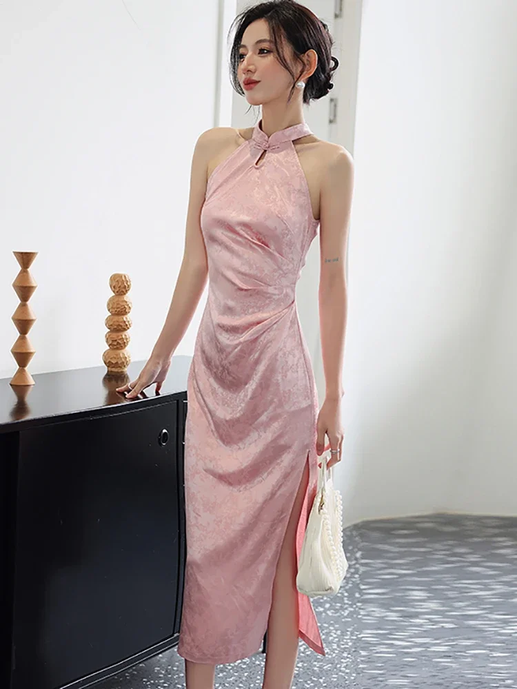 Women Pink Acetate Satin Elegant Jacquard Long Dress Summer Sleeveless Chic Neck-mounted Dress 2024 Korean Luxury Evening Dress