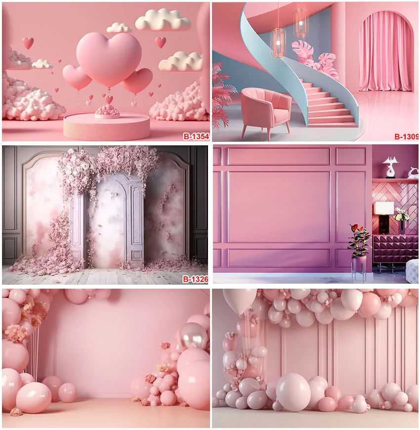 

Pink Theme Backdrop For Wedding Party Interior House Wall Decoration Photographic Balloons Clouds Backgrounds Photo Shoot Banner