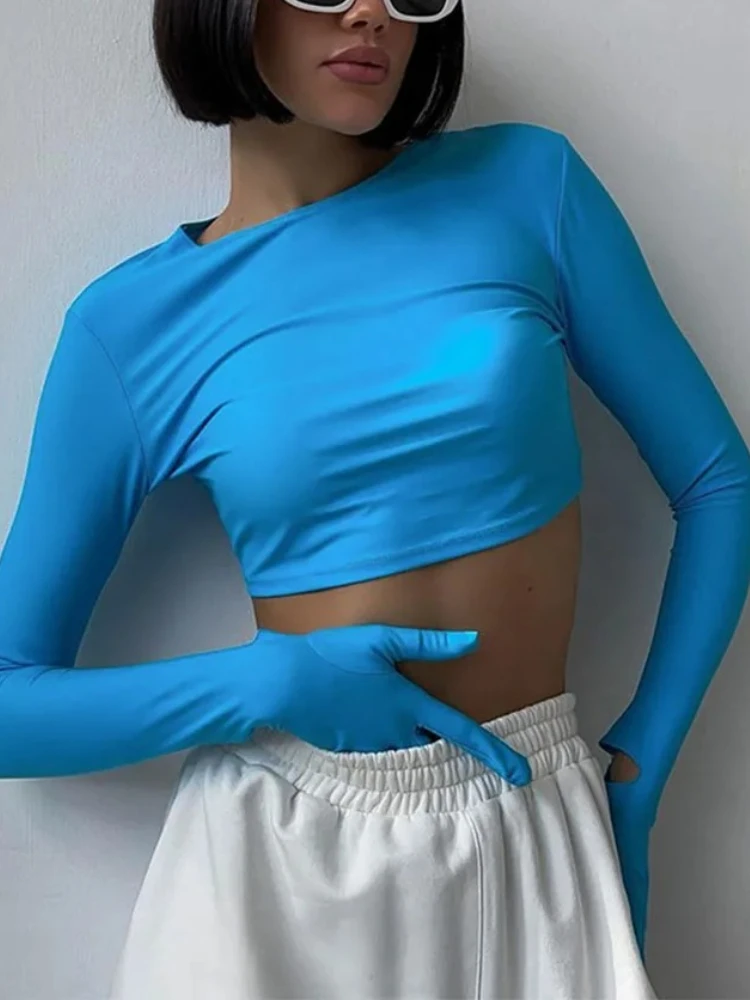 

Женские облегающие укороченные топы с круглым вырезом, модные повседневные облегающие футболки, однотонные перчатки, футболки для женской одежды 2025