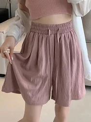 Summer High Waisted Ice Silk Shorts for Women Oversized Solid Straight Leg Pant Female Versatile Casual Thin Cropped Half Pants