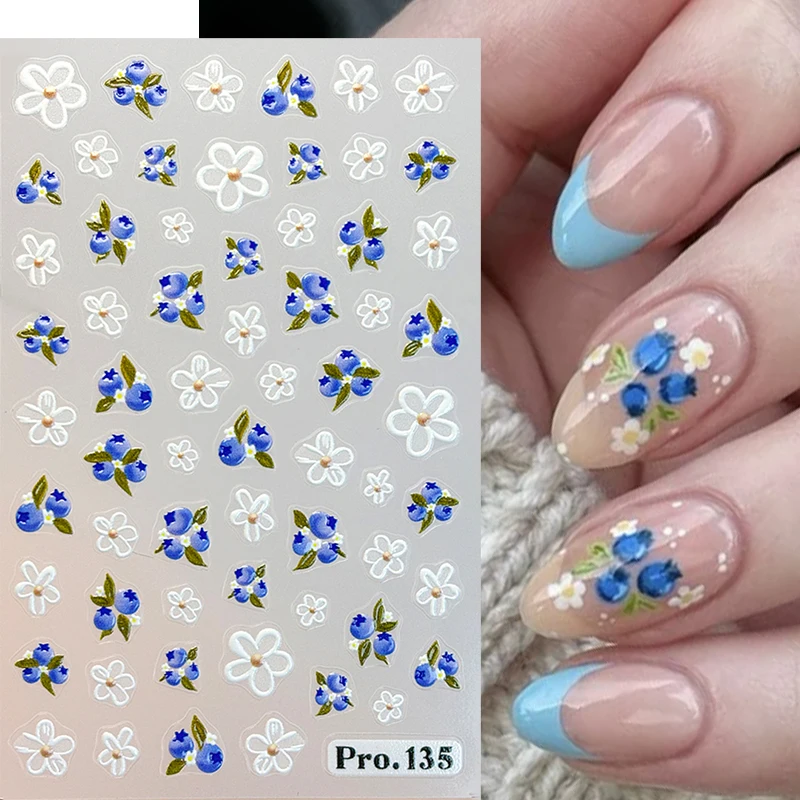 여름 테마 네일 스티커 블루베리 나비 데이지 꽃 접착 슬라이더 귀여운 포일 매니큐어 장식