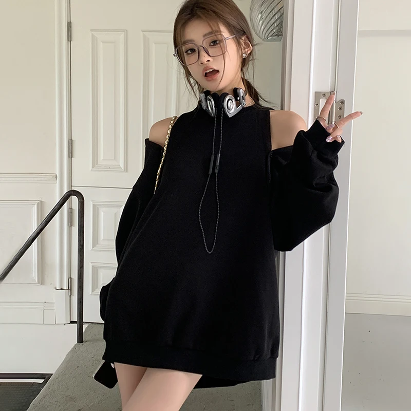 

Fashion Irregular Off Shoulder Sweatshirt Women 2024 Autumn Loose Streetwear Oversize Long Sleeve Top Pullovers Black Hoodies