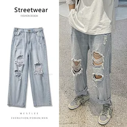 4 Colors New Summer Ripped Jeans Men Baggy Pants Casual Straight Soft Fashion High Street Hole Blue Wide Denim Trousers