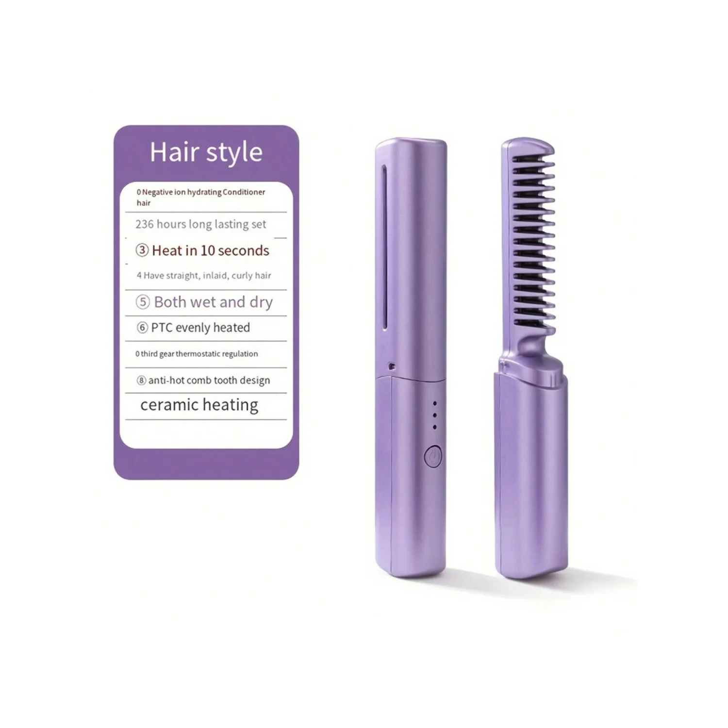 Pettine raddrizzatore wireless 2 in 1 da 1 pezzo, spazzola riscaldata portatile regolabile a 3 livelli, ricarica USB, mini piastra per ottenere S