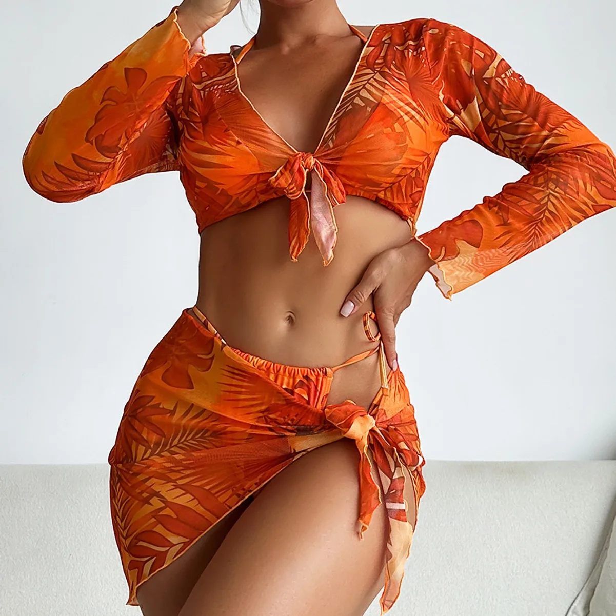 Women's Multi-Color Floral Print 4-Piece Swimwear Strap Triangle Shorts Long Sleeve Crop Tops Slit Short Skirt Beach Bikini Set