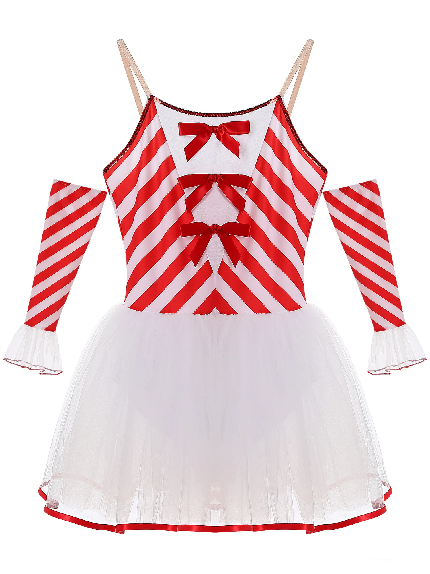 Womens Christmas Candy Cane Striped Tutu Dress with Gloves Tulle Sling Ballet Dance Tutu Dress Xmas Holiday Party Costumes