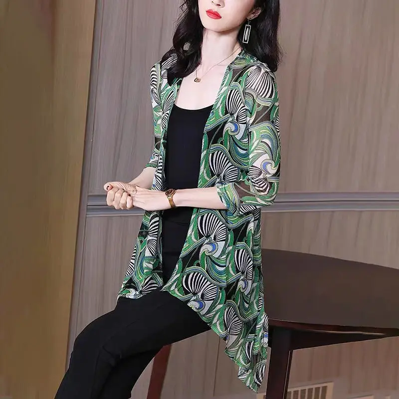 Women Clothing 2024 Female Summer Thin Section Sun Protection Clothing Long Sleeve Shawl Mesh Chiffon Cardigan Trend Coat E107
