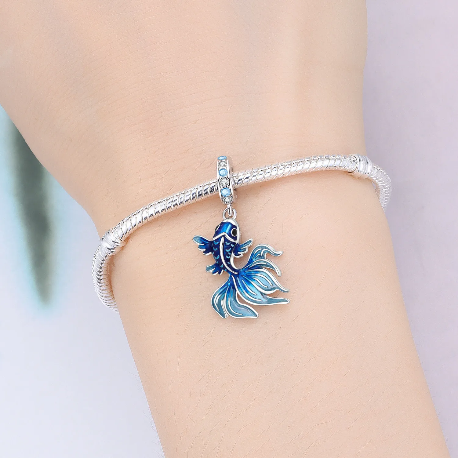 Blue Charm 925 Sterling Silver Ocean Pearls Betta Fish Pendant Birthday Party Gift for Women Bracelet Necklace DIY Beads Jewelry image 5