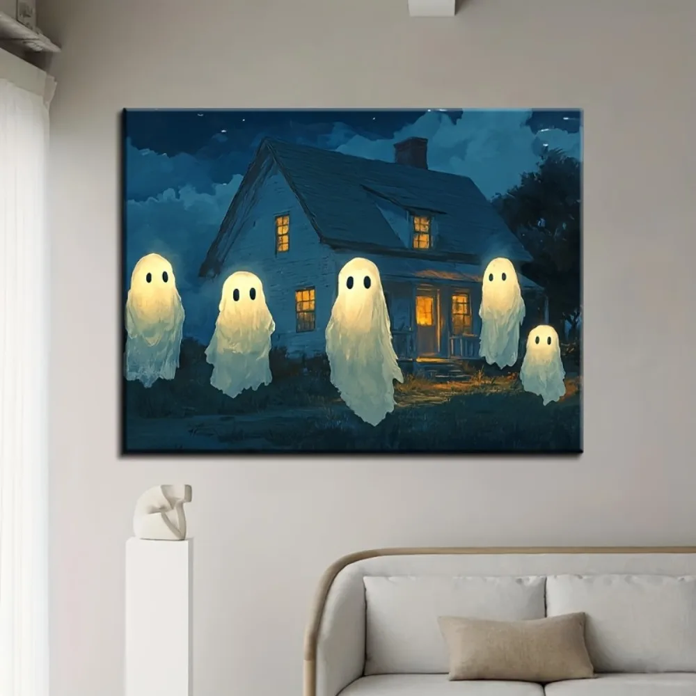 Moldura de madeira maciça de 1,5 polegadas, fantasma fofo na floresta, pôster retrô de arte gótica estampada, mural de Halloween com estampa da Academia Escura