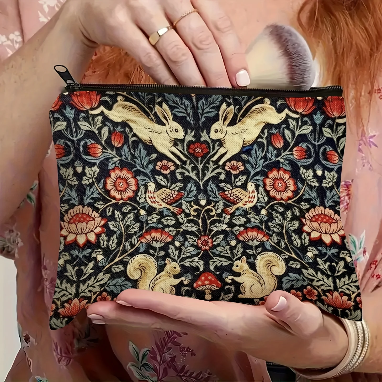 Durable Cosmetic Bag Adorable Forest-Themed with Flowers, Rabbits, Birds & Squirrels Design for Makeup or Accessories