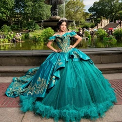 Teal Princess Quinceanera Dresses Ball Gown Off The Shoulder Tulle Appliques Sweet 16 Dresses 15 Años Mexican Customized