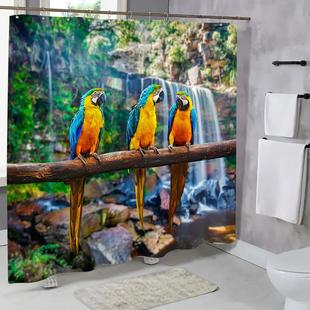 Popular Parrot Shower Curtain Mountain Waterfall Picturesque Colourful Animals Polyester Fabric Shower Curtains Bathroom Decor