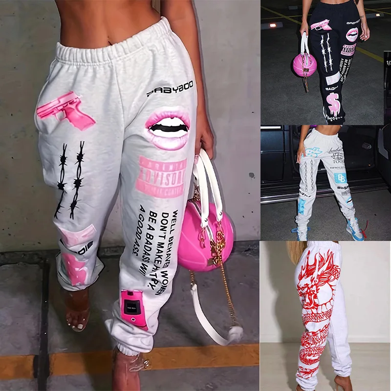 

European and American cross-border women's clothing printed fashion elastic waist sports casual harem pants women