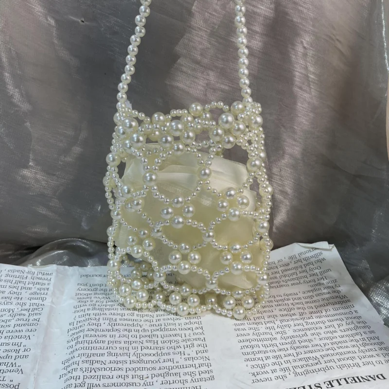 2023 Spring Summer New Hollow Out Pearl Handheld Women\'s Bag DIY Handwoven Beaded Ladies Handbag Mini Phone Bags Luxury Design