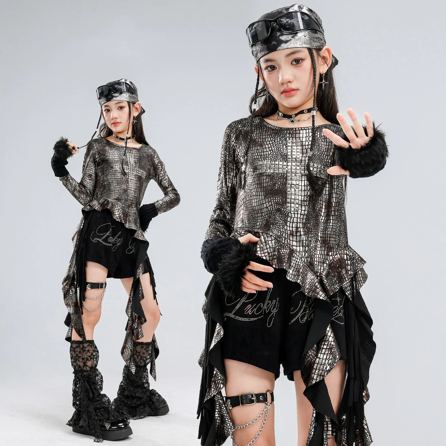 New Hip Hop Dance  Clothes Girls Jazz Costume Ribbons Tops Fringes Shorts Cheerlead Dance Performance Wear Long Sleeves BL20160