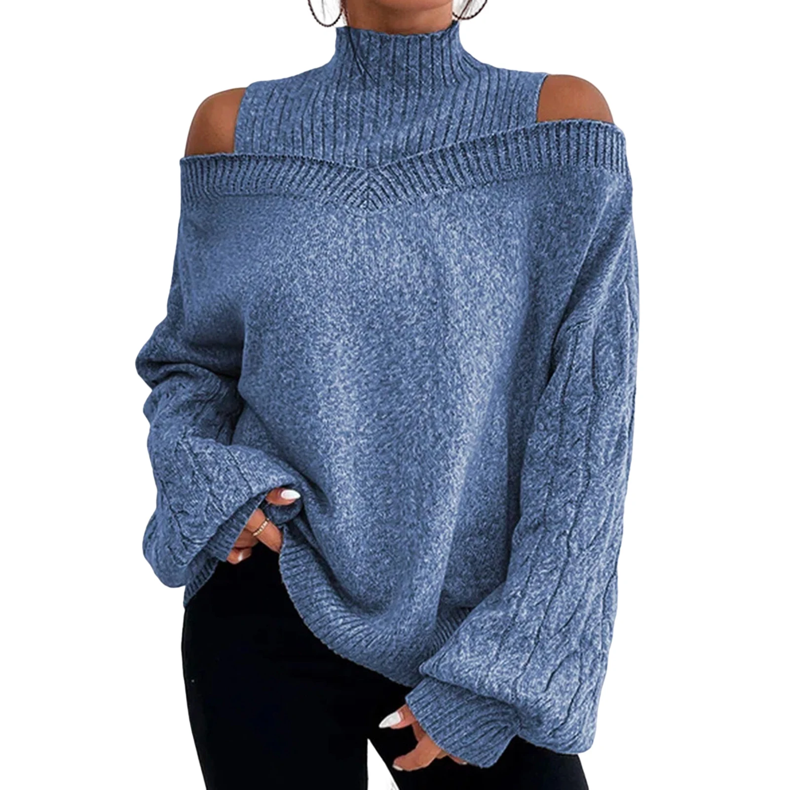 Elegant Cold Shoulder Knitted Loose Sweaters Women 2022 Autumn Winter Side Split Pullovers Streetwear Fashion Jumpers Top