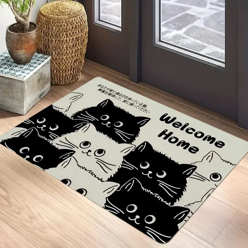 Black Cat Door Mat Non-Slip Entrance Way Mats Welcome Mats Rugs Washable Carpet Home Decoration for Indoor Outdoor