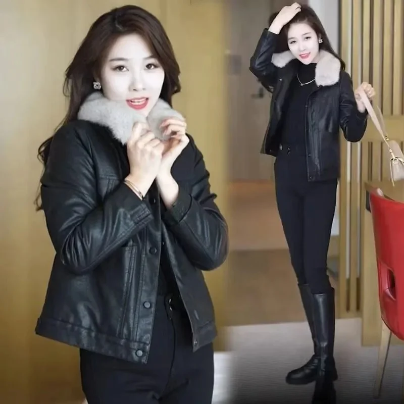 Korean Women Large Size 4XL PU Leather Outwear 2025 Female Fashion Faux Leather Coat  Autumn WinterLadies Lapel Leather Jacket