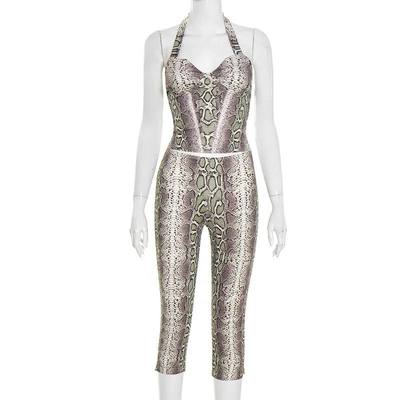 Serpentine Print Women Sexy 2 Piece Set Halter Backless Tank Crop Tops + Split Skinny Capris Pants Clubwear Suits Streetwear