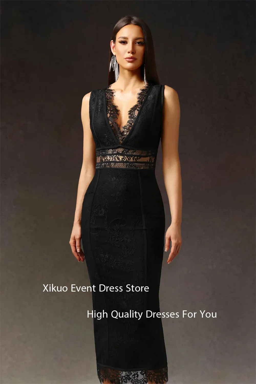 Xikuo Unique V Neck Black Evening Dresses Lace Eye Catching Sleeveless Party Gowns Tea Length Appliques Abiti Da Sera Customized