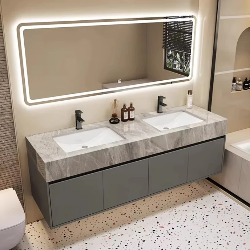 Luxury modern double washbasin bathroom vanity personalized design sintered stone countertop solid wood home school