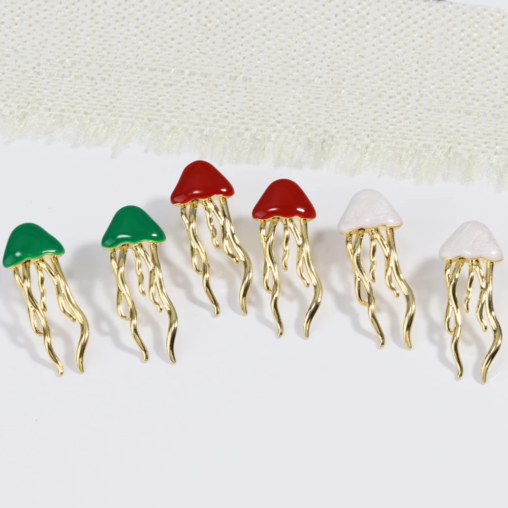 Enamel Jellyfish Style Cute Earring Luxury Ear Stud for Women Vintage 18K Gold Plated Waterproof Fashion Jewelry Gift