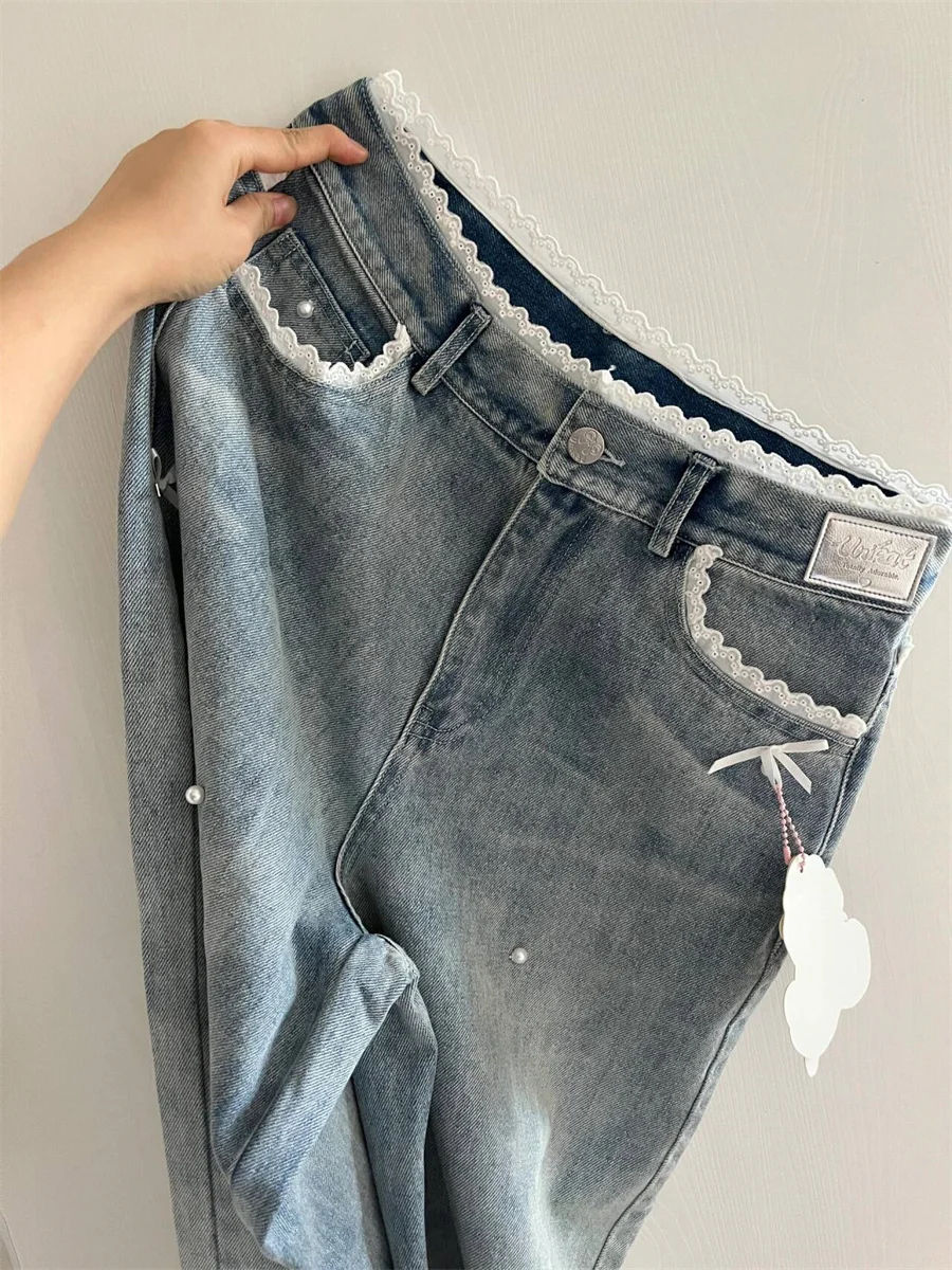 

Ретро-джинсы в корейском стиле с кружевной отделкой и узлом, повседневные, с высокой талией, широкие штанины, для мужчин и женщин, осенне-весенний дизайн