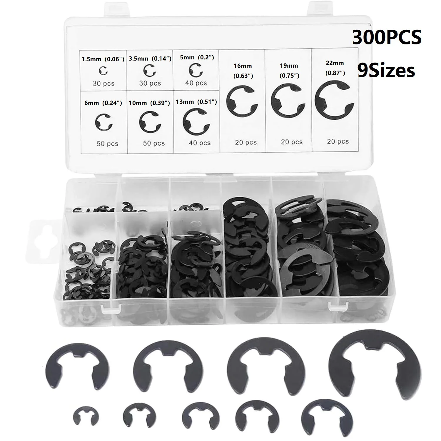 300PCS Retaining Ring Assortment Kit Multi Size Circlips High Carbon Steel Phosphating Rust Proof