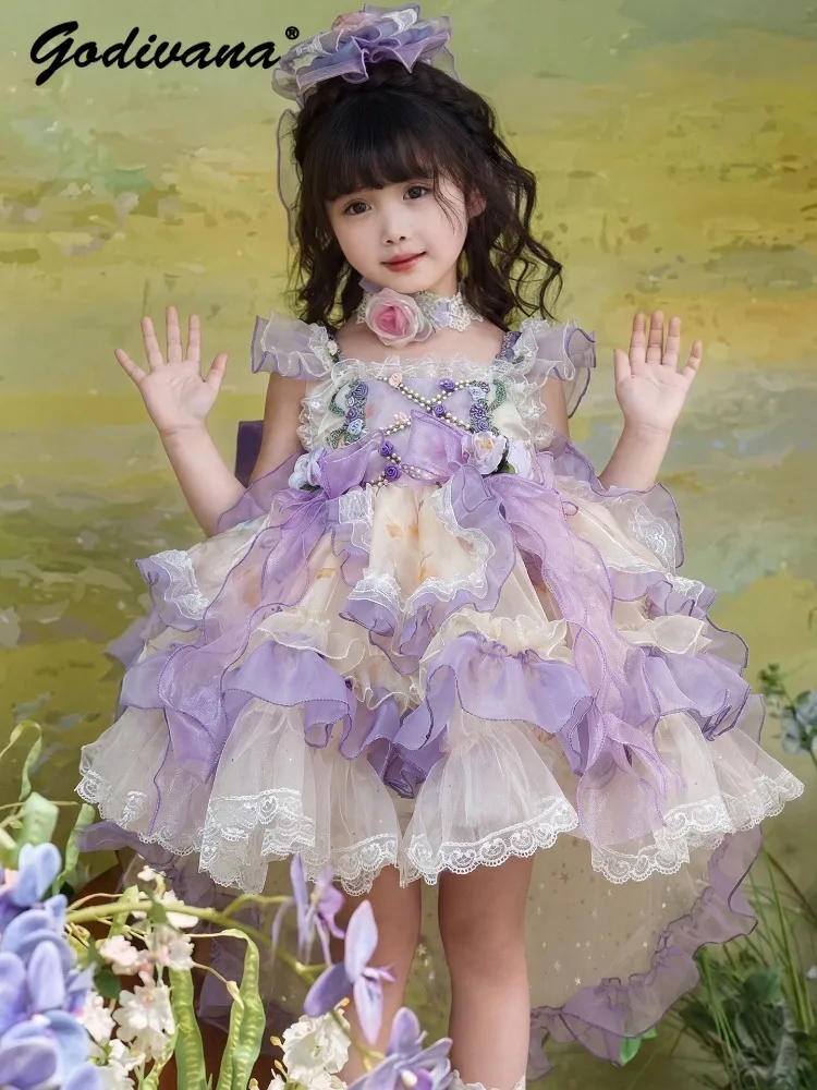 Cute Baby Girls Mesh Lolita Dress 2026 Summer Floral Purple Ruffle Tulle Dresses High End Heavy Birthday Party Princess Ballgown