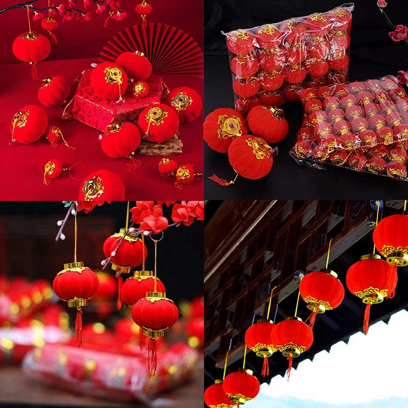 Minilinternas Rojas flocadas de 30 piezas, Linterna china de Año Nuevo para Festival, decoración de fiesta de boda, adornos colgantes con diseño de escena