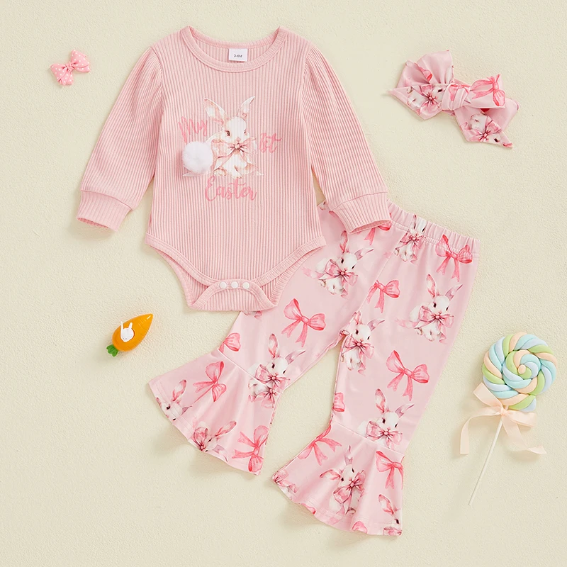 Toddler Baby Girls 3PCS Easter Outfits Spring Adorable Long Sleeve Ribbed Romper+Bunny Bow Pattern Flare Pants+Headband Sets