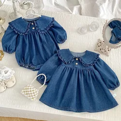 2025 New Spring Sister Clothes Baby Girl Romper 1-5Yrs Girl Party Dress Long Sleeved Solid Color Denim Kids Princess Dresses