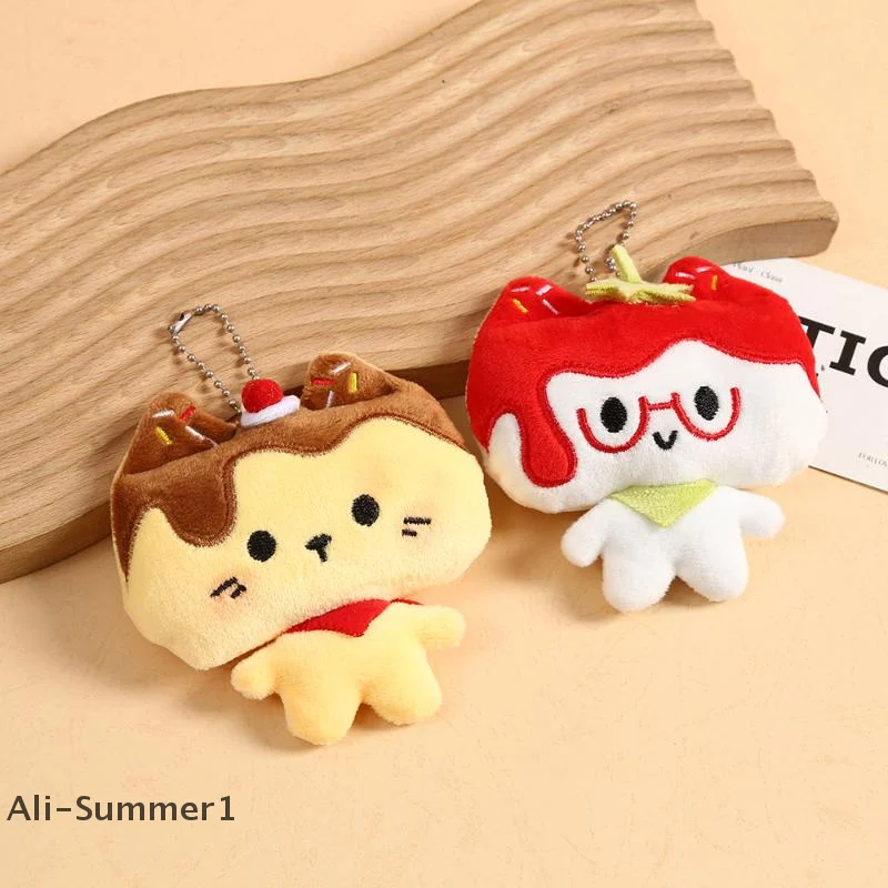 【E】Cute Cartoon Squeak Strawberry Cat Plush Keychain Kawaii Stuffed Doll Pudding Dessert Backpack Pendant Charm Decoration Gifts