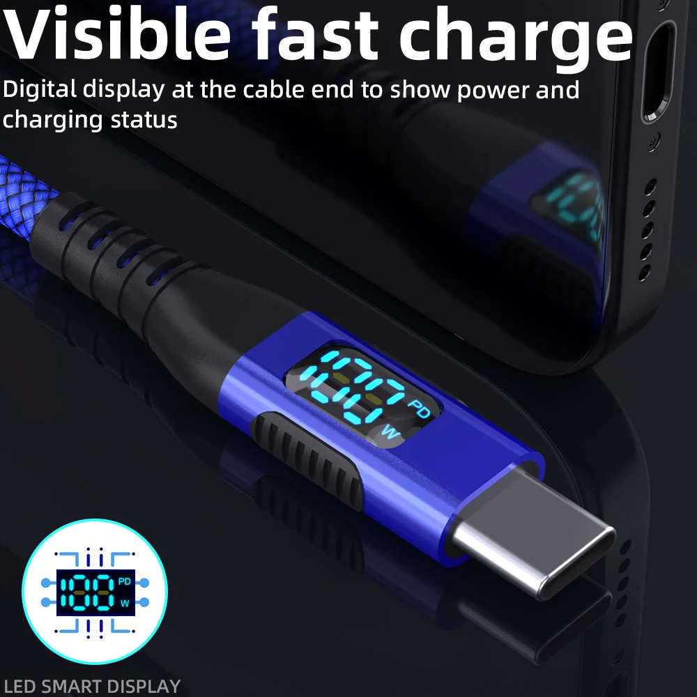 BCVS USB-C-auf-USB-C-Kabel, 100 W, mit digitaler Anzeige, für schnelles Laden, geflochtenes Nylonkabel, Typ-C-Datenkabel, PD 100 W, für iPhone und Samsung Galaxy. – Detail 3