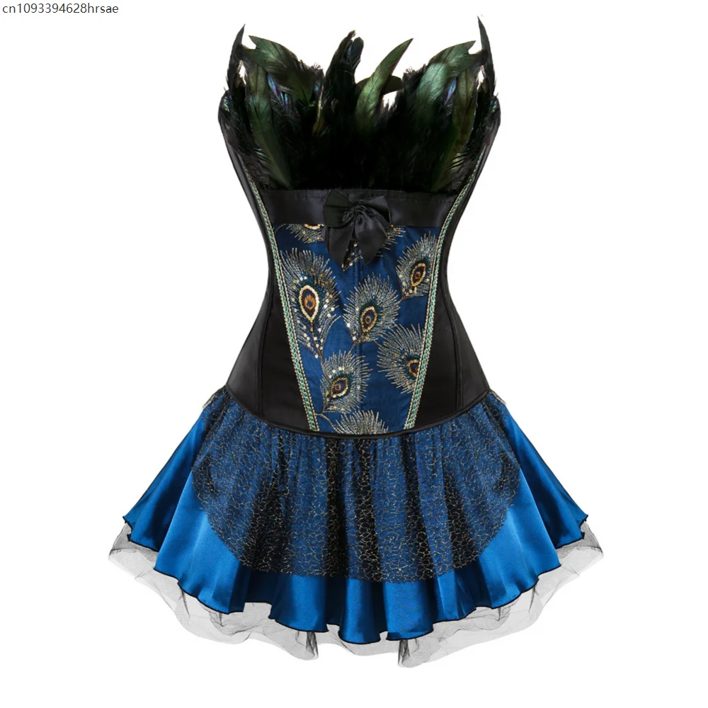 Corsetto overbust da donna sexy con piume di pavone, ricamo principessa, burlesque, gotico, body shaper, bustini, lingerie, top Halloween