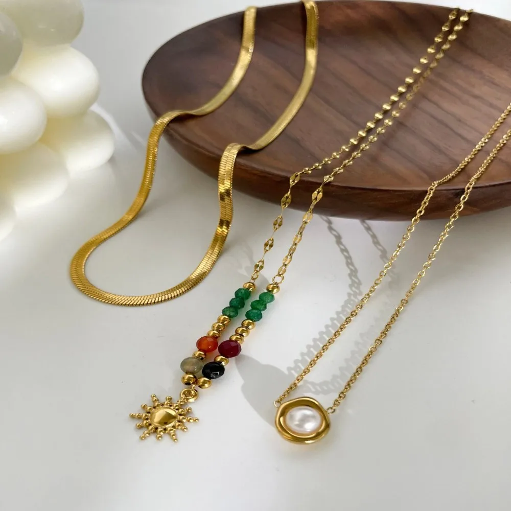 Imitation Pearl Natural Stone Sunflower Pendant Necklace Women's Stainless Steel Flat Snake Chain Stackable Jewelry image 4