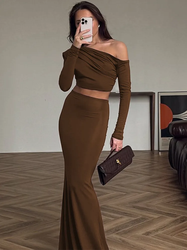 

Mozision Fashion Brown Two Piece Set Women Inclined Shoulder Long Sleeve T-shirt And Maxi Skirt Matching Sets Elegant Dress Set