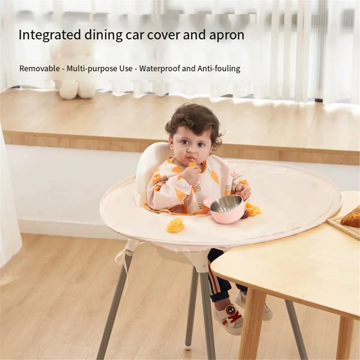 HITL Infant Feeding Table Cover for Chair Toddler Bib Mess Proof Long Sleeve Smock Attaches to Feeding Eating Table Mat A