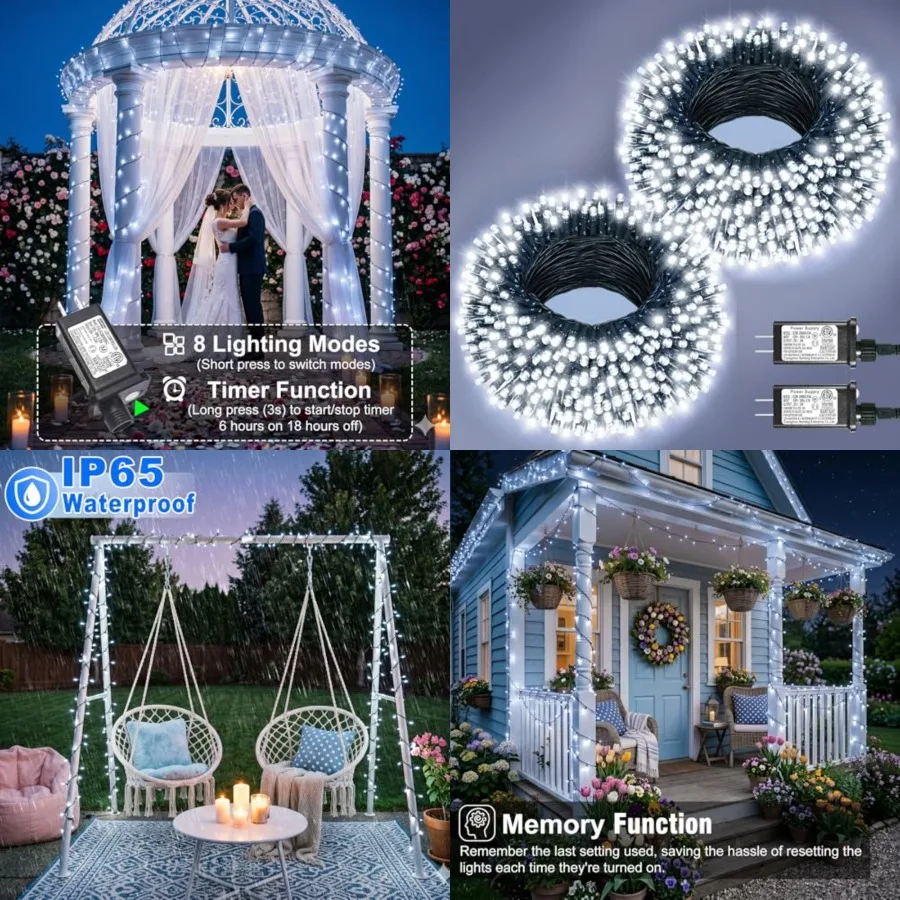 

2 Pack Christmas Lights Outdoor, Total 200Feet 600LED String Lights for Outside with 8 Modes Waterproof, Wire Fairy Twinkle Lig