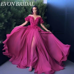 EVON BRIDAL Fuschia Flowers Evening Dresses Flowy Chiffon Formal Celebrity Gowns Short Sleeves vestidos para eventos especiales