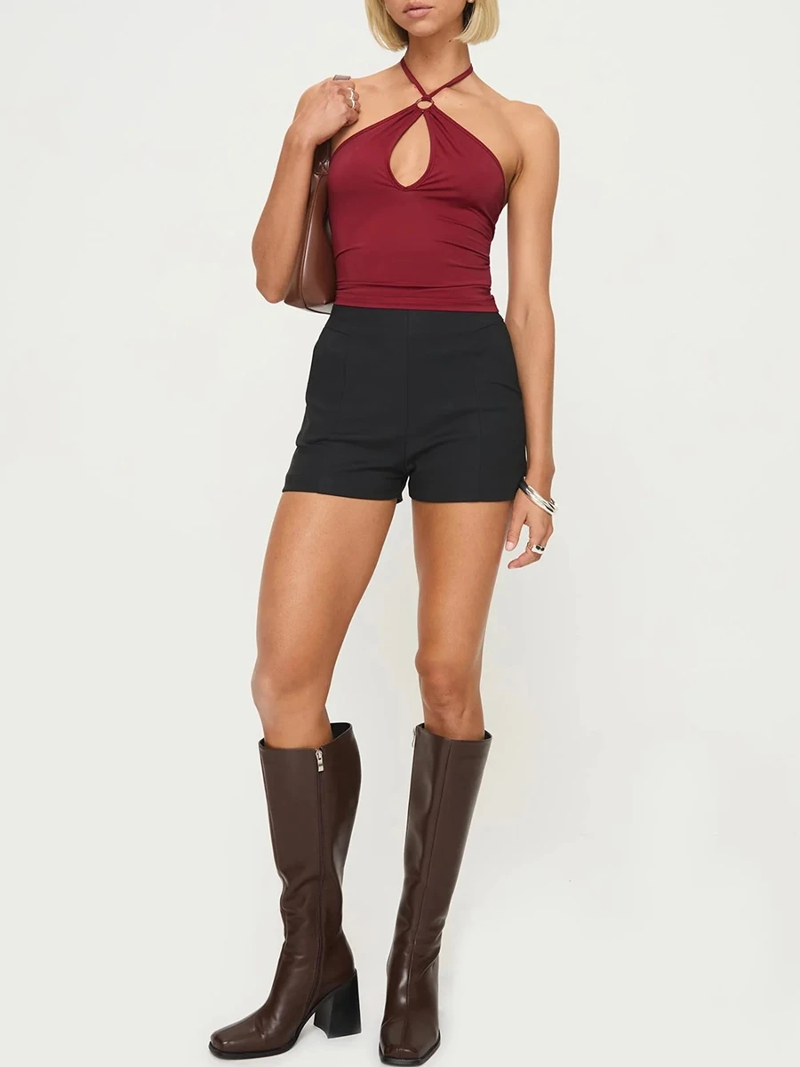 Camiseta sin mangas de Color sólido para mujer, Top sin mangas con lazo ahuecado, cuello Halter y diseño sin espalda, ropa de calle perfecta para verano