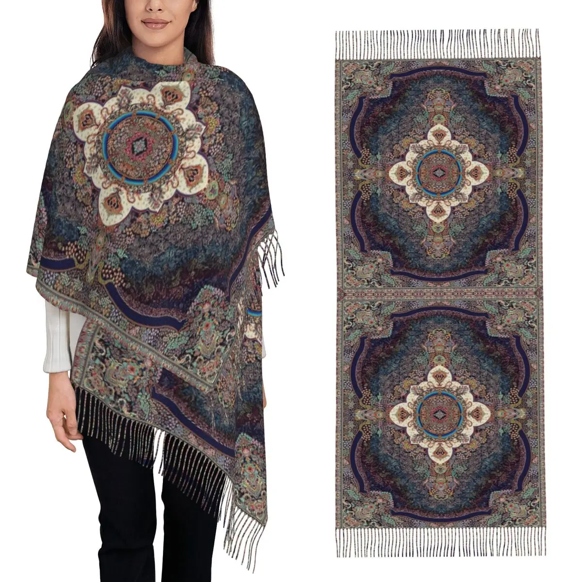 Bohemia Ethnic Antique Persian Carpet Tribal Rug Style Scarf Tassel Scarves Women Shawls and Wraps Large Fall Winter Shawl Wrap