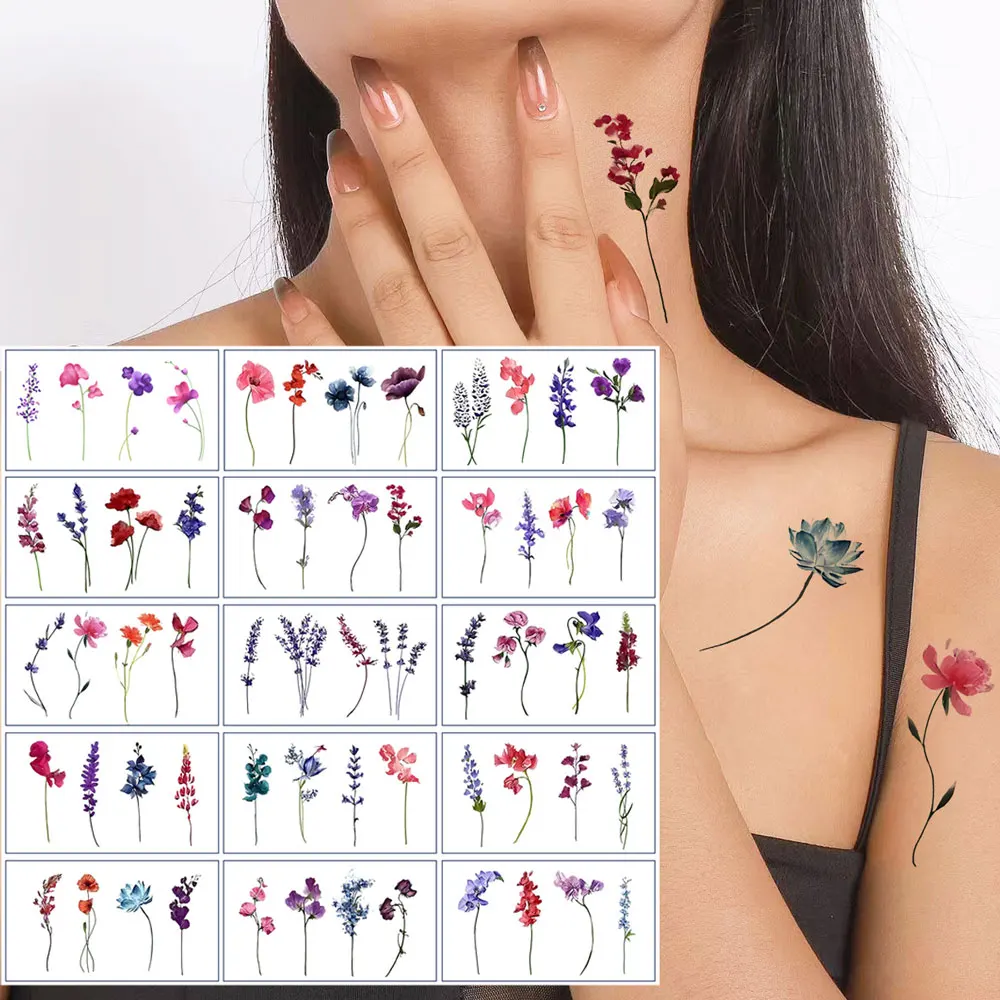 15 Sheets Flower Temporary Tattoo Stickers for Women, Waterproof Lavender Lotus Fake Tattoo for Hand Chest Body Art Holiday