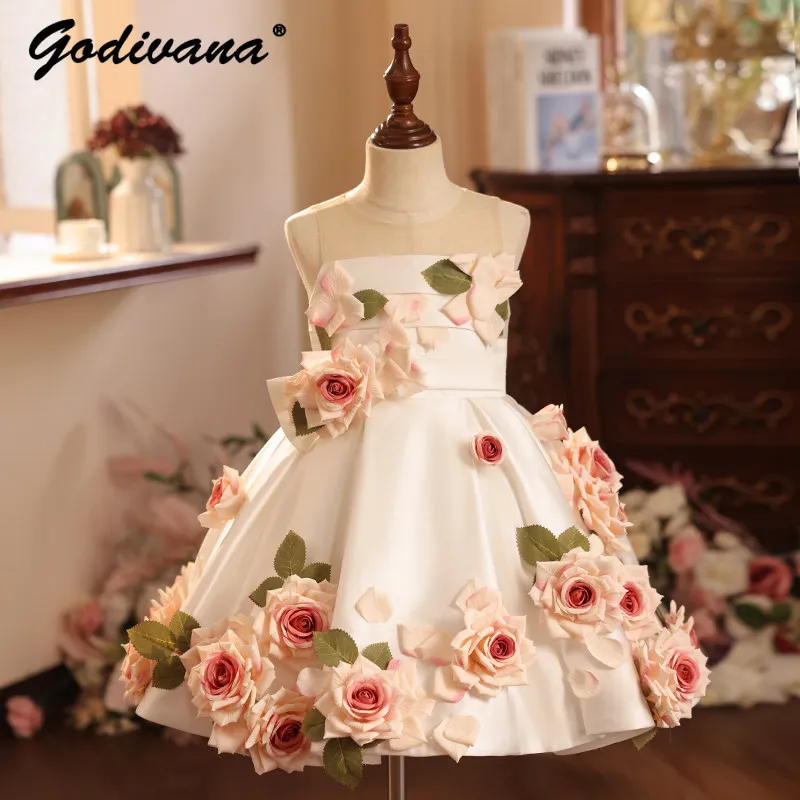 

Sweet Baby Girls 2026 New Summer Princess Dress Kids High End Luxury 3D Floral Sleeveless Runway Shows Piano Performances Gown