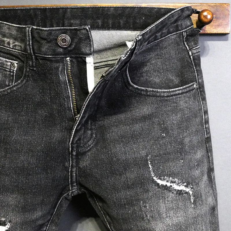 

Fashion Men Jeans Retro Black Gray Stretch Skinny Fit Ripped Jeans Men Vintage Designer Patched Denim Pencil Pants Hombre